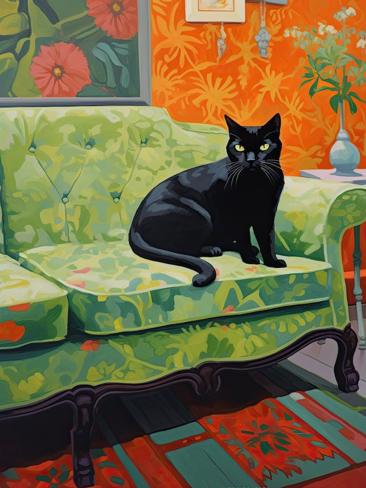 Black Cat Sitting In An Green Armchair Nannycore
