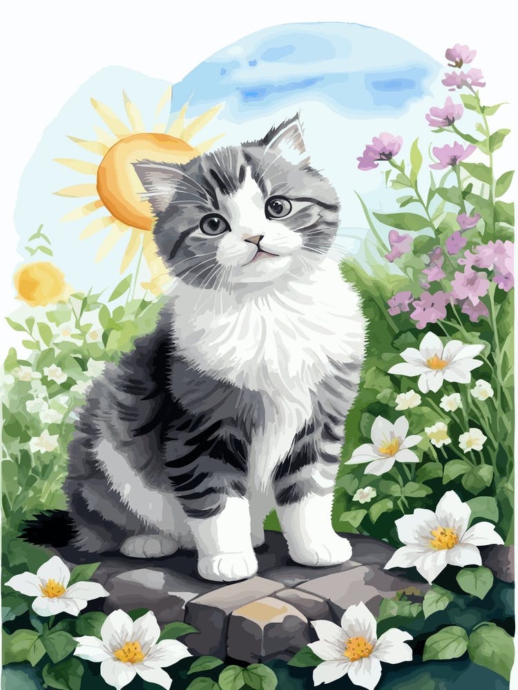 Cute Kitten And Flowers Watercolor 8