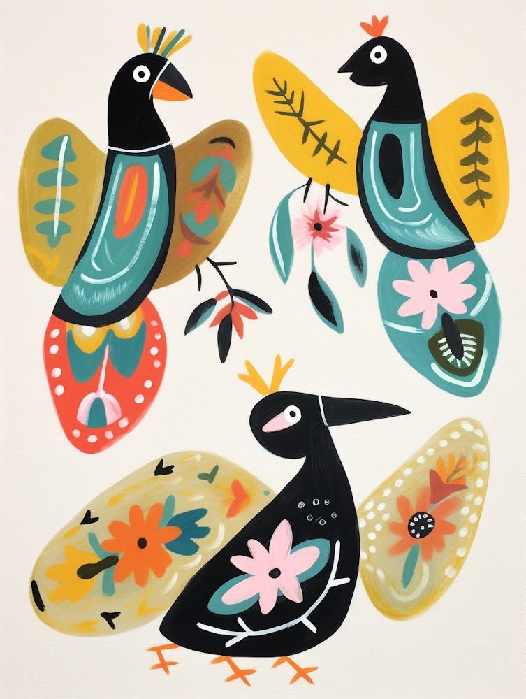 Peinture d'Oiseau Style Folk Morillon à dos blanc 1
