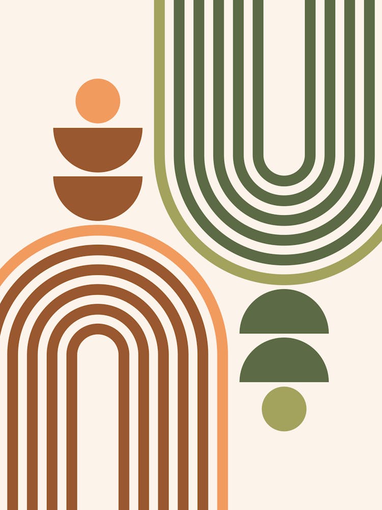 Midcentury Modern Geometric Arch Sun Abstract 5 In Sage Green Terracotta Brown 01