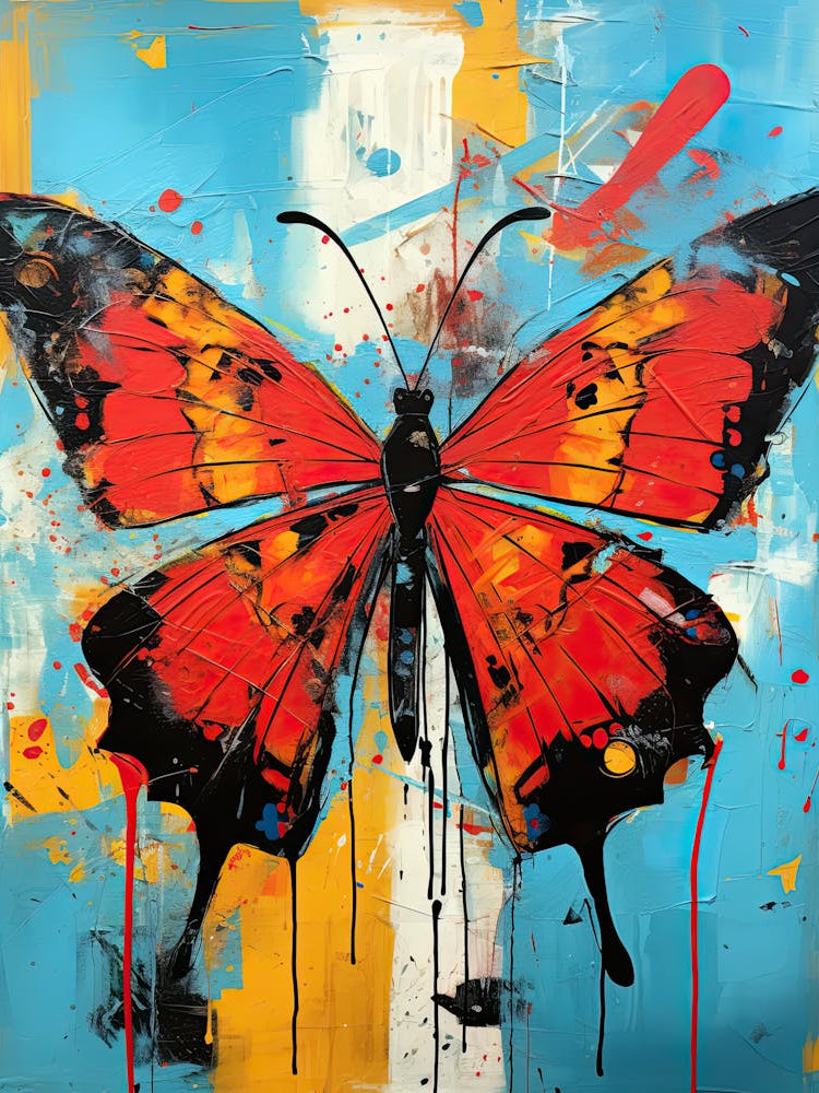 Red Butterfly on blue background in Basquiat's Style
