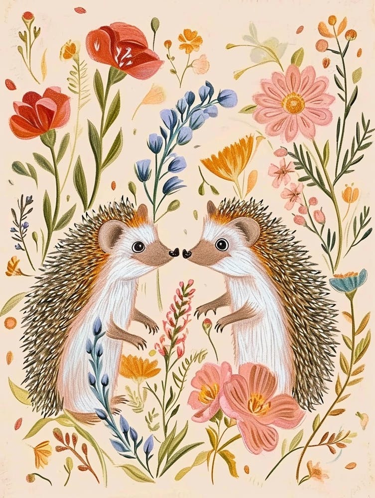 Folksy Floral Animal Drawing Hedgehog 8