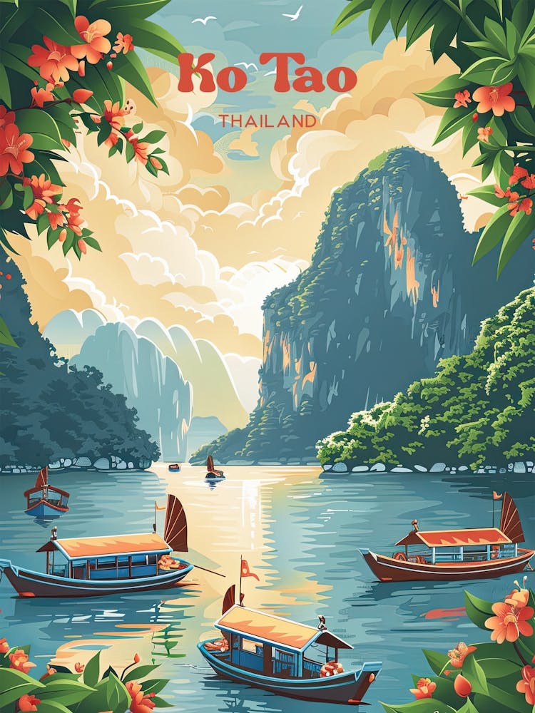 Ko Tao Thailand Retro Digital Travel Illustration