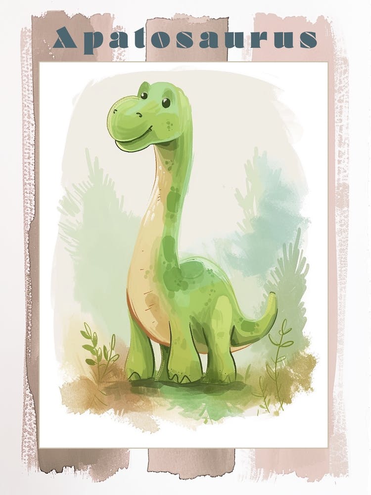 Cute Cartoon Apatosaurus Dinosaur Watercolour 2 Poster