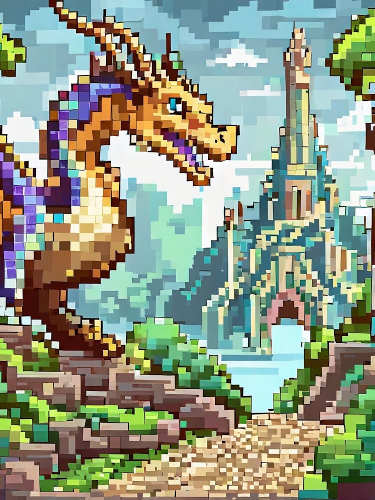 A Fantasy Pixel Art Scene With A Dragon