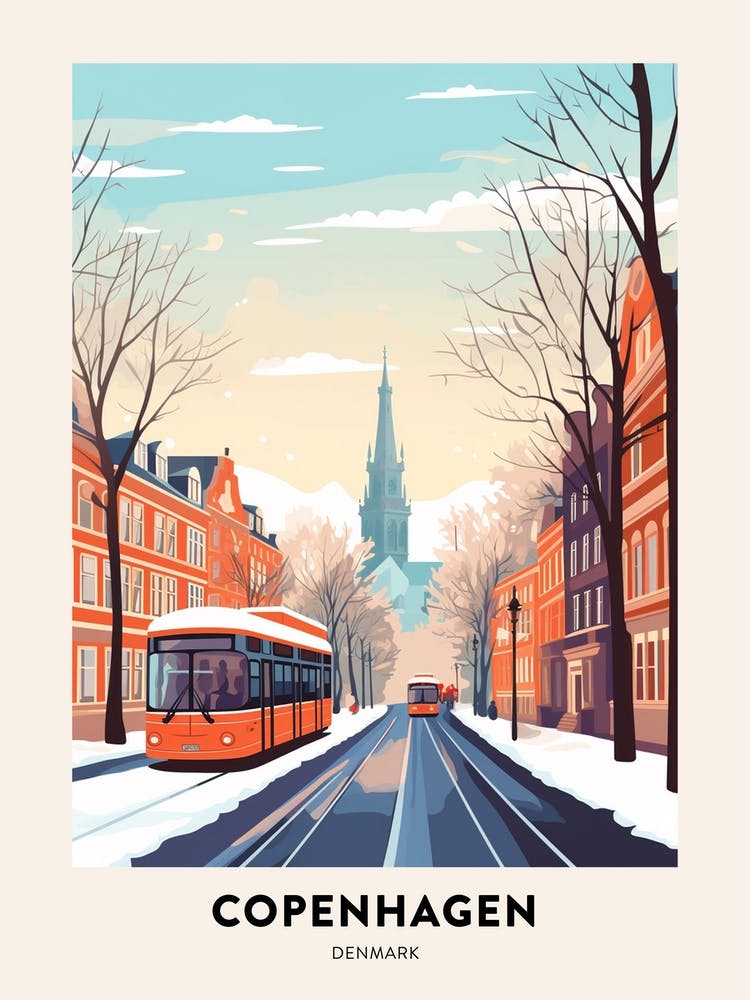 Vintage Winter Reiseposter Copenhagen Denmark 1