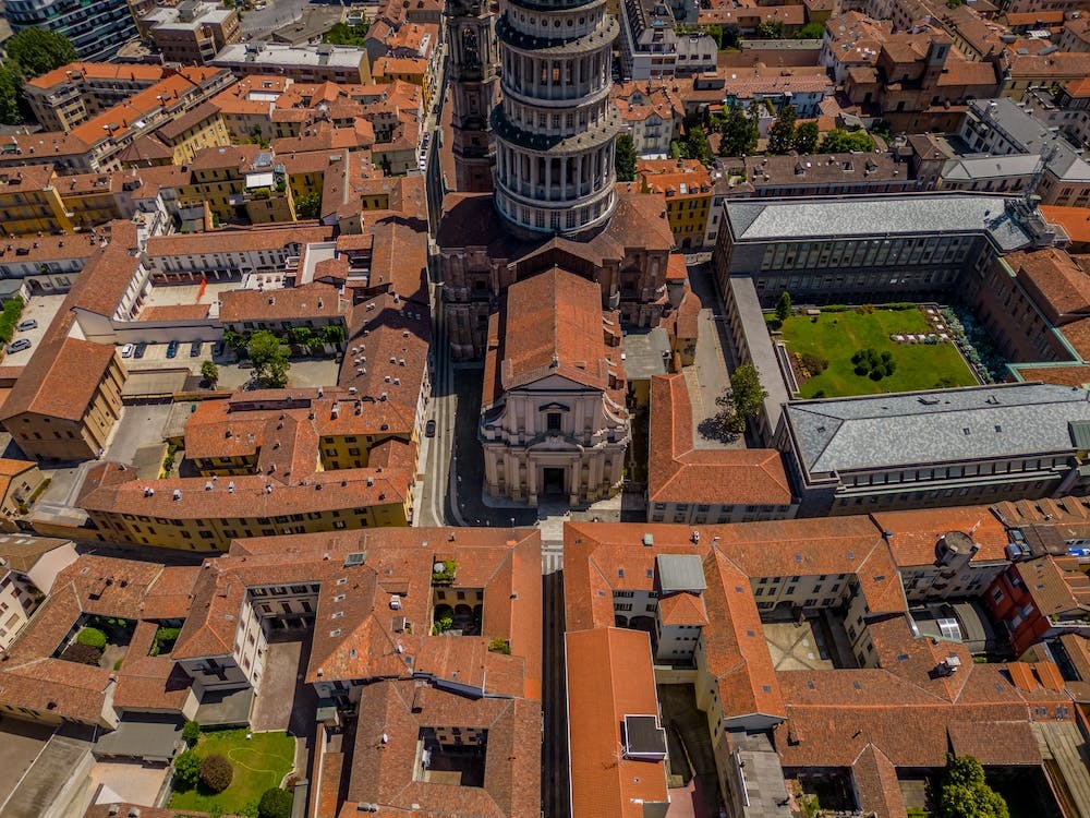 Basilica of San Gaudenzio. Traditional Italian roofs from above. Novara. Piedmont. Italy. Aerial  photography