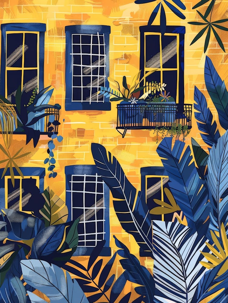 Yellow House With Blue Windows