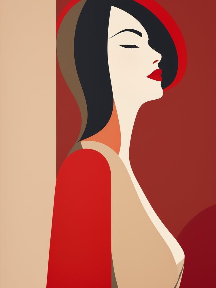 Woman In Red Hat Abstract red and beige Art