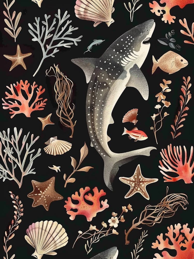 Shark Seascape Black Background Illustration 3