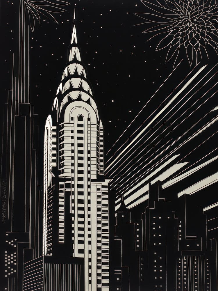 Chrysler Building New York City, United States Linocut Illustration Style 1