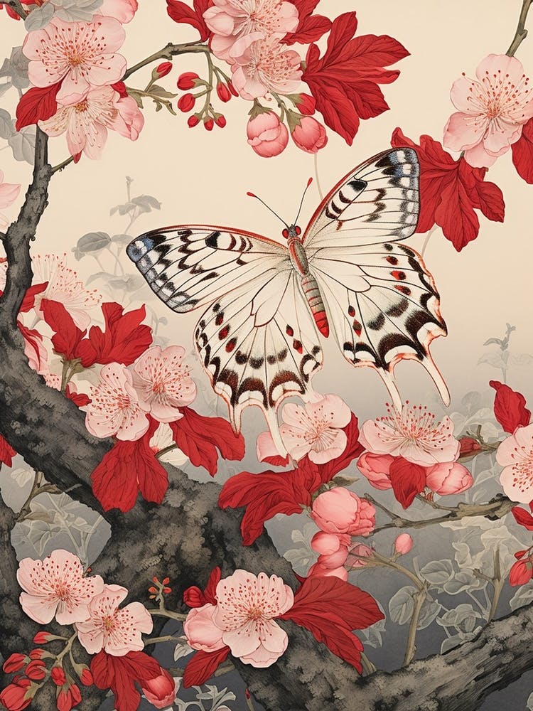 White Butterfly Red Flowers Japanese Style Painting