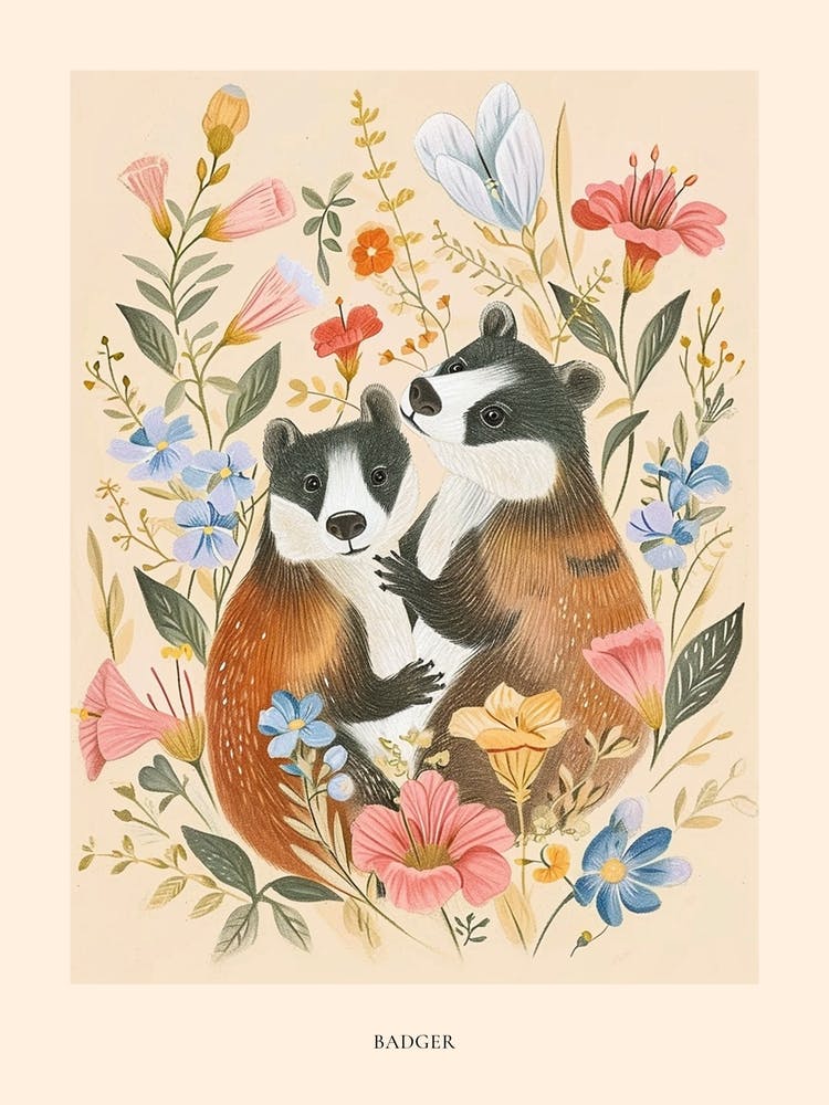 Folksy Floral Animal Drawing Badger 2 Poster