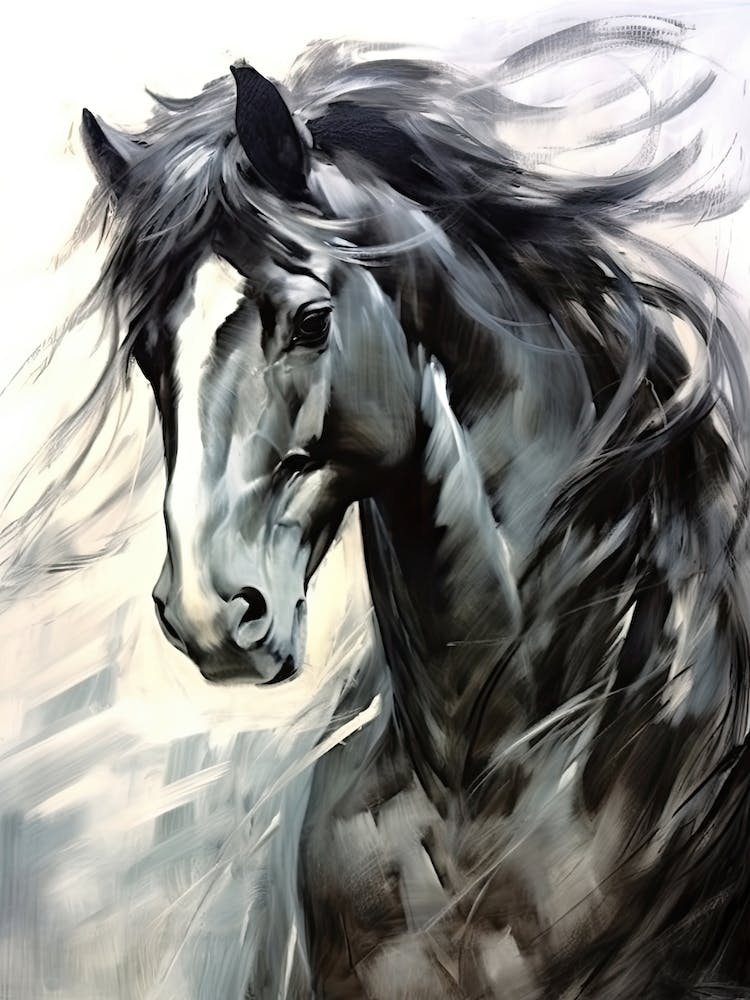 Horse Painting Black And White Close Up