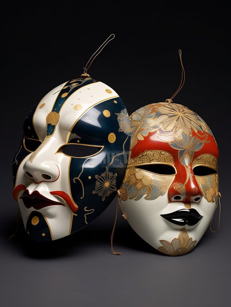 Noh Masks Japanese Style Illustration 4