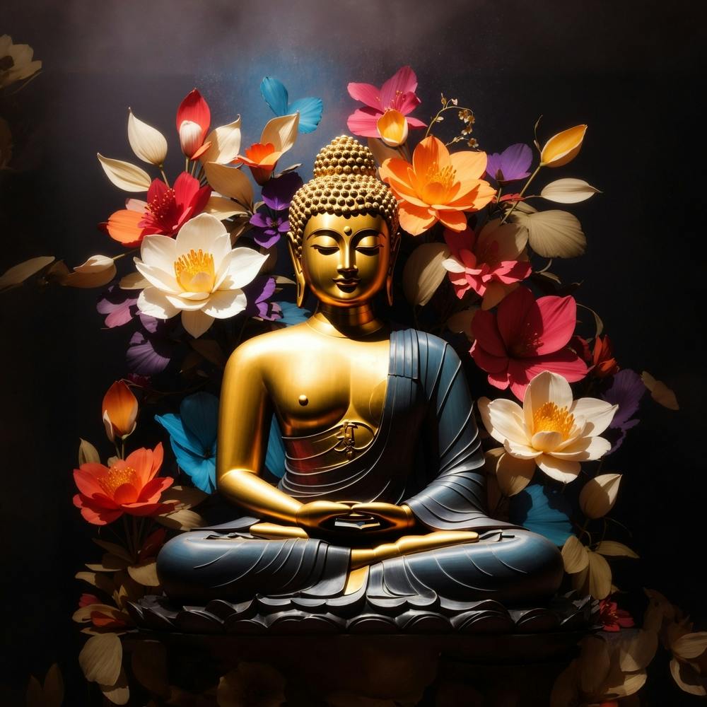 Buddha Statue With wonderful pleasing Flowers