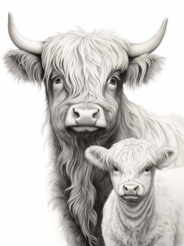 Black & White Illustration Of Highland Cow & Calf