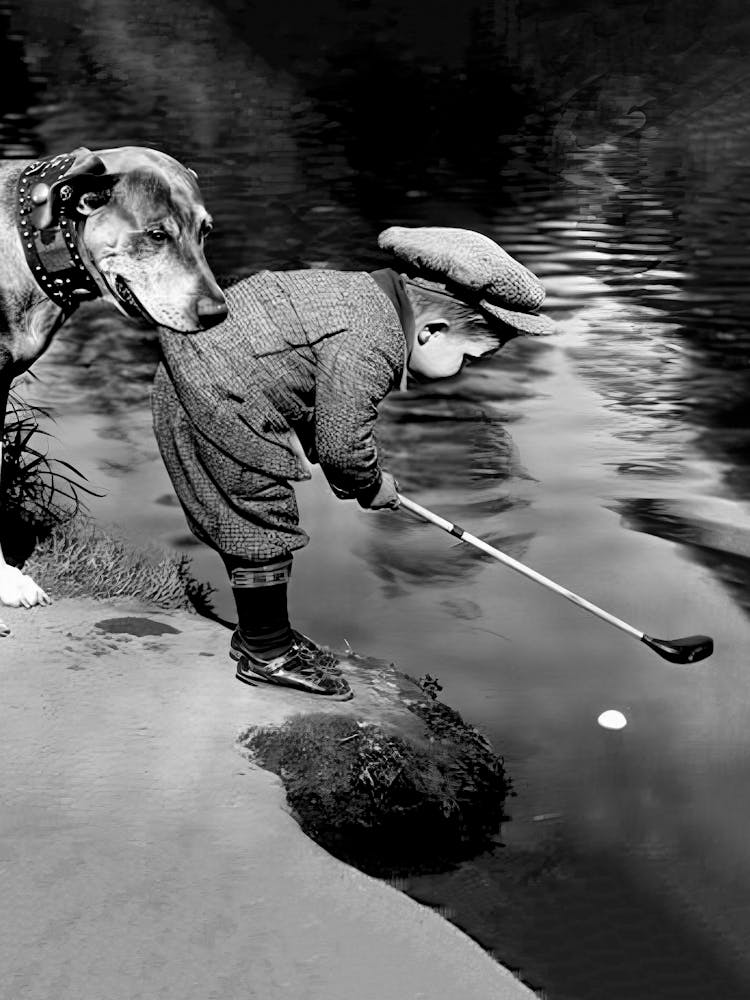 Garçon Et Son Chien Jouant au Golf, Drôle Vintage Noir et Blanc Vieille Photo