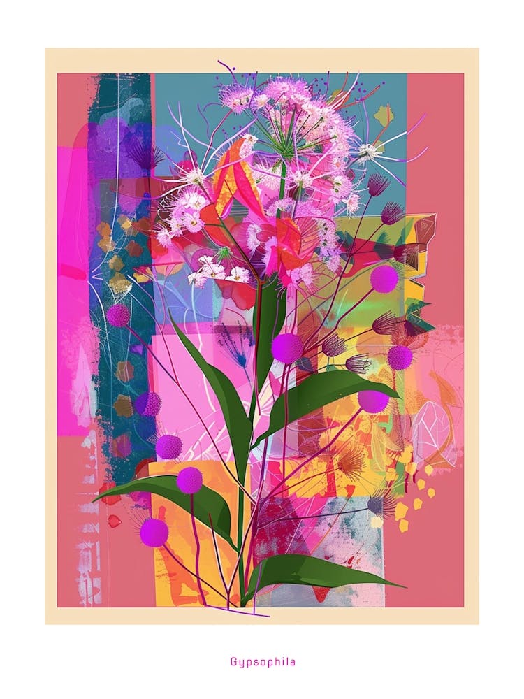 Gypsophila 1 Neon Flower Collage Poster