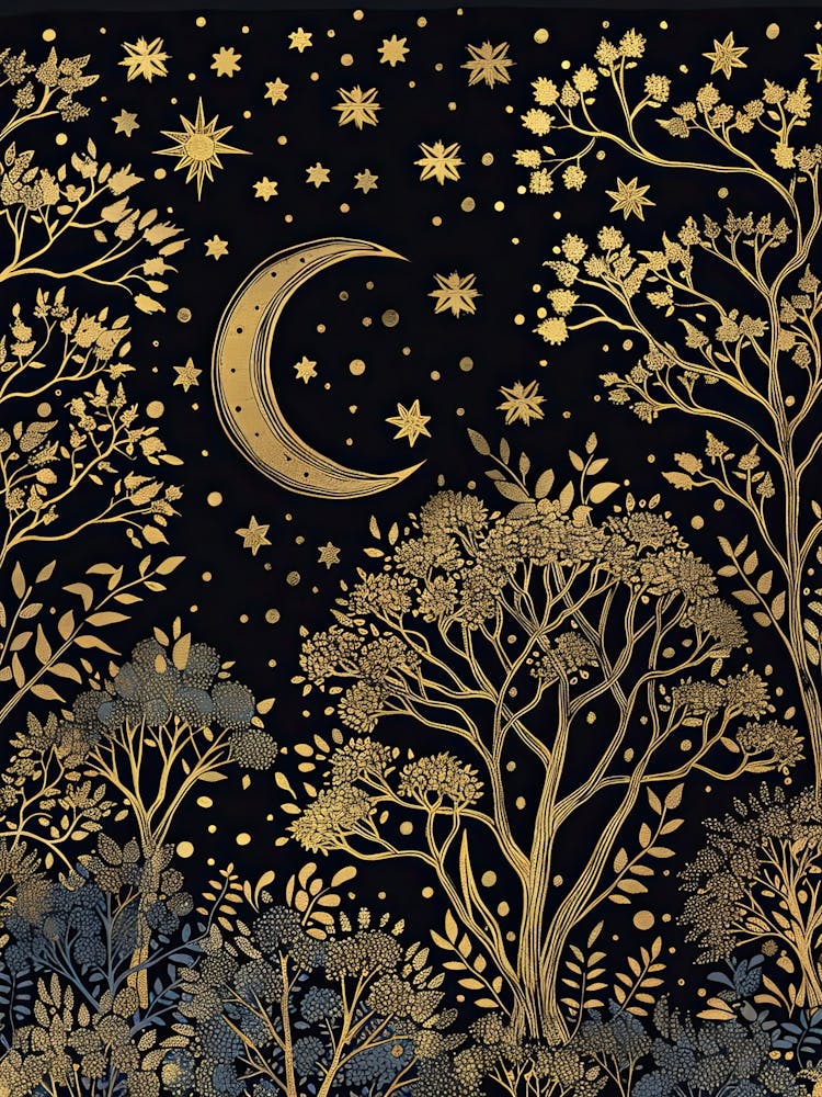 William Morris Painting Moon Stars Tree Night