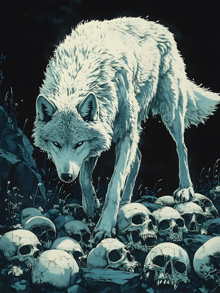 White Wolf Stepping Across Skulls 14