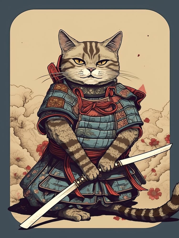 Cute Samurai Cat In The Style Of William Morris 10