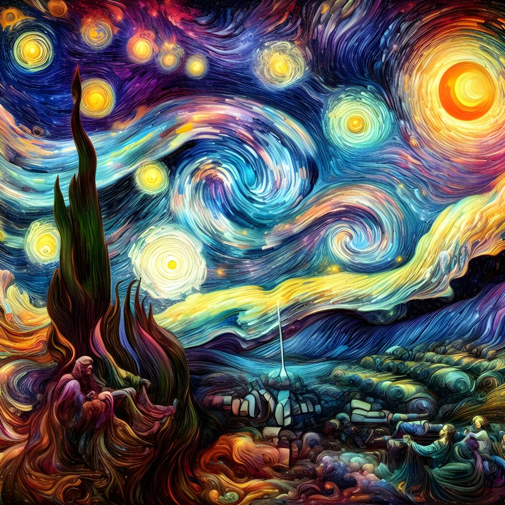 scene blending the swirling cosmic colors of Vincent van Gogh's Starry Night with the surreal celestial precision of Salvador Dalí 2