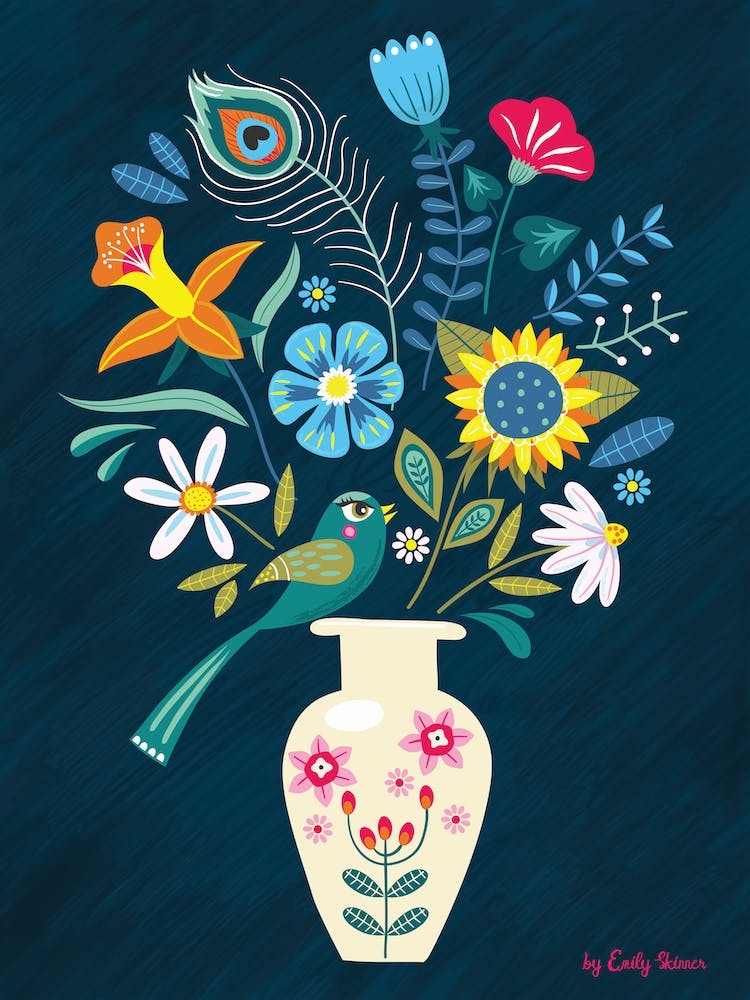 Folk Art Vase Of Flowers