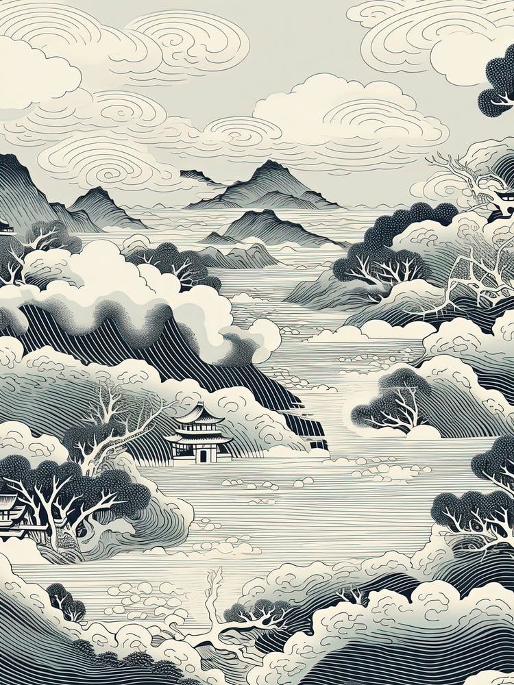 Aogashima Island In Tokyo, Ukiyo E Black And White Line Art Drawing 3