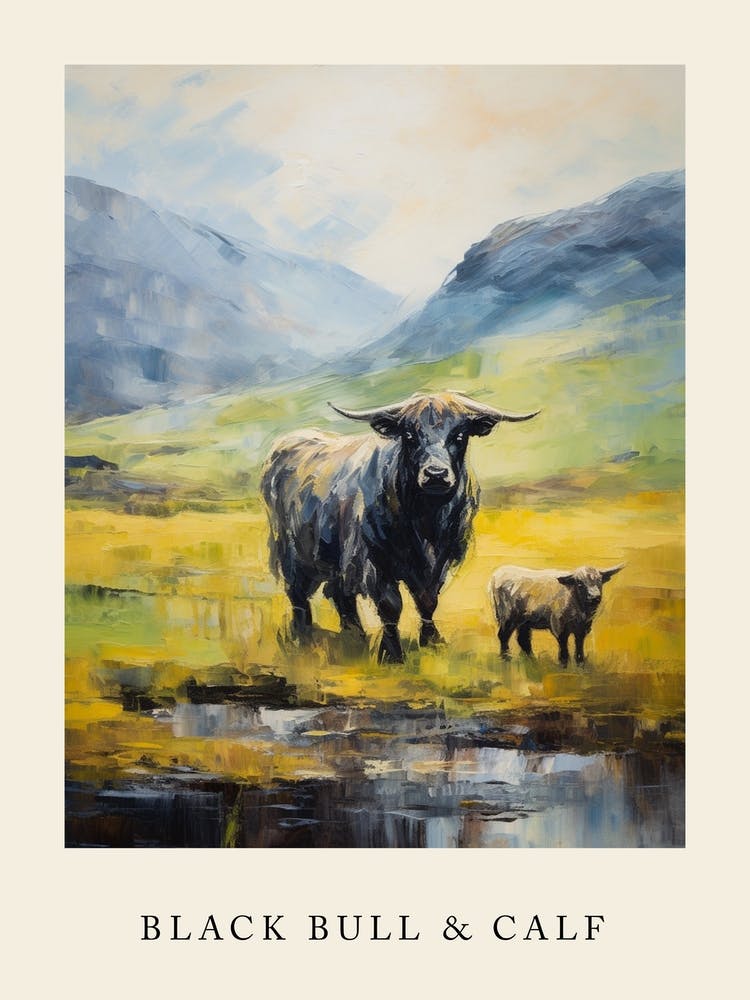 Black Bull & Baby By The Stream In The Highlands Impressionism Style Poster