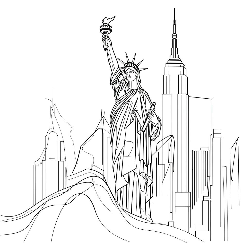Statue Of Liberty, minimalist, line art, black and white.