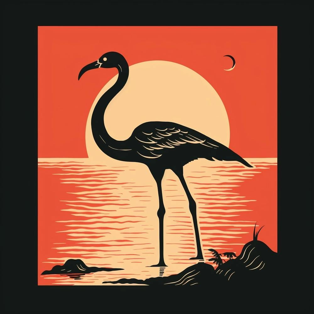 Retro Bird Lithograph Greater Flamingo 2