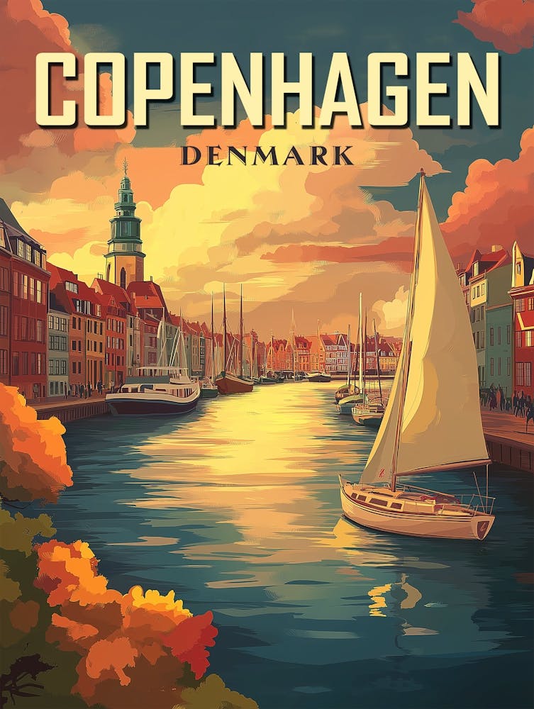 Vintage Copenhagen Denmark Travel Art