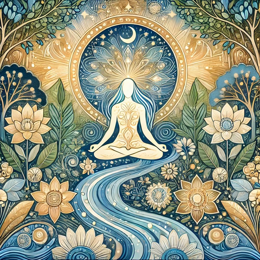 Tranquil Meditation Illustration with Natural Elements – Serene and Spiritual Art