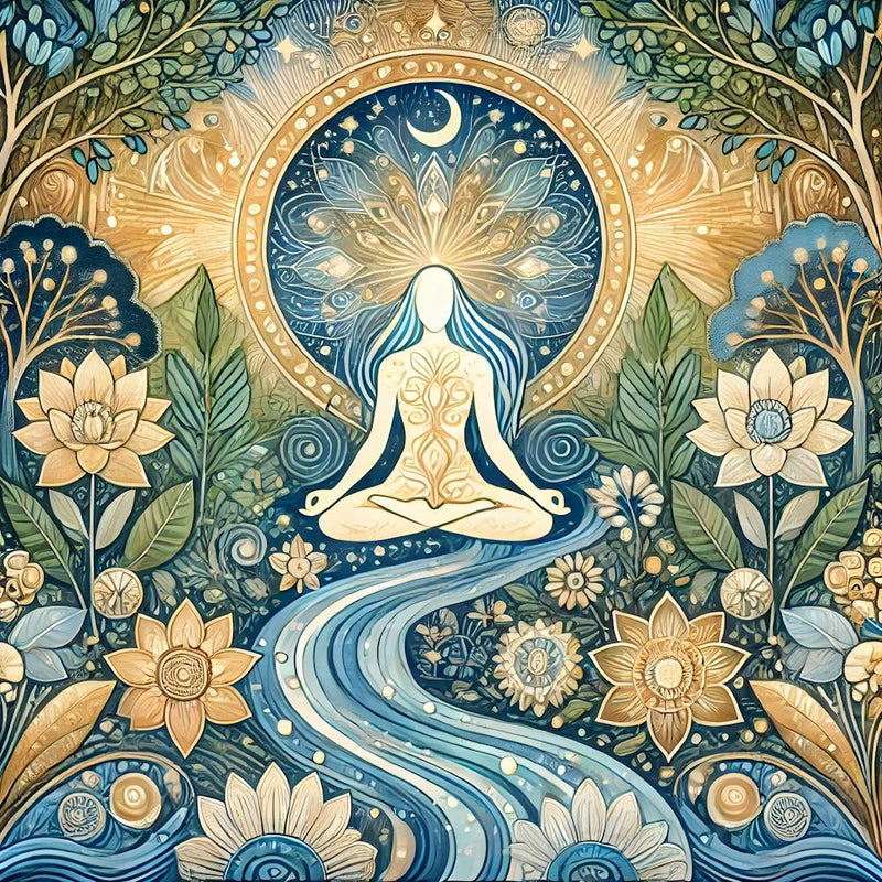 Tranquil Meditation Illustration with Natural Elements – Serene and Spiritual Art