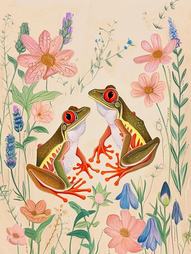 Folksy Floral Animal Drawing Frog