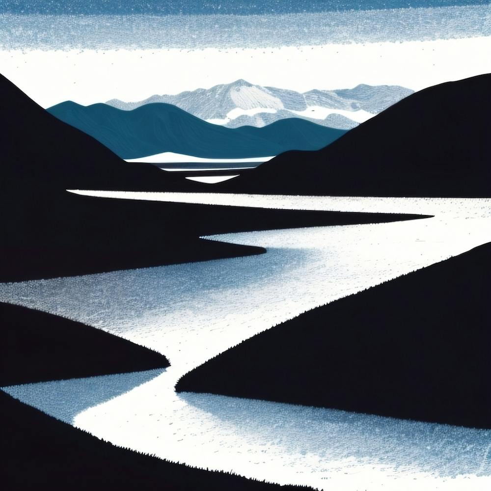 Black And White  Of A River In A Snowy Landscape