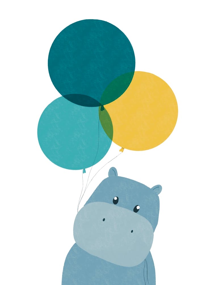 Hippo With Teal and Yellow Balloons Nursery