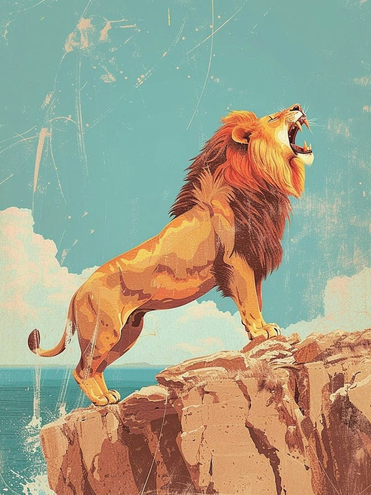 Barbary Lion Roaring On A Cliff Illustration 3