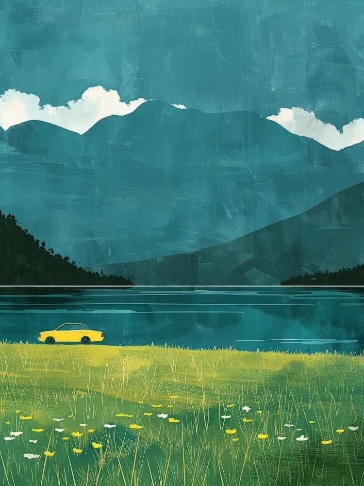 Yellow Car By The Lake Canvas Print