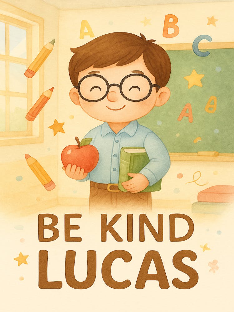 Personalized Teacher Boy Wall Art – Be Kind, Lucas – Custom Name Kids Room Decor – Watercolor Classroom Print – Inspirational Poster for Boys
