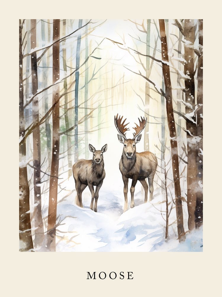 Winter Watercolour Moose 2 Poster