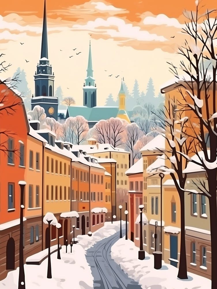 Vintage Winter Travel Illustration Stockholm Sweden 3