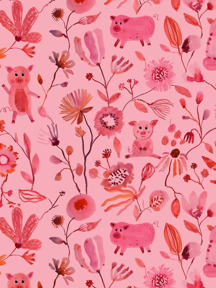 Schweine und Blumen Pink
