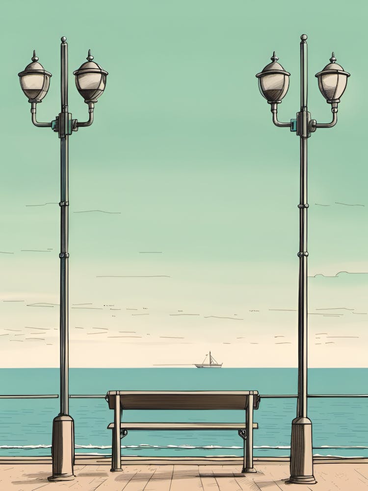 Bench On Seafront Brighton Style Lamp Posts Evening Horizon