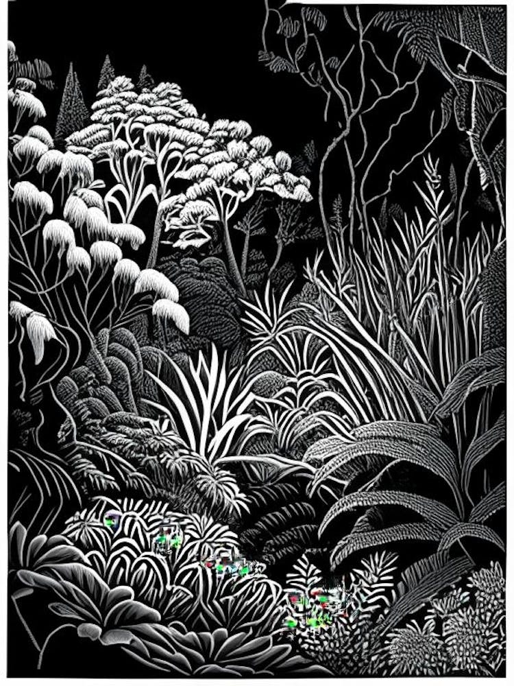 Mount Tomah Botanic Garden, Australia Linocut Black And White Vintage