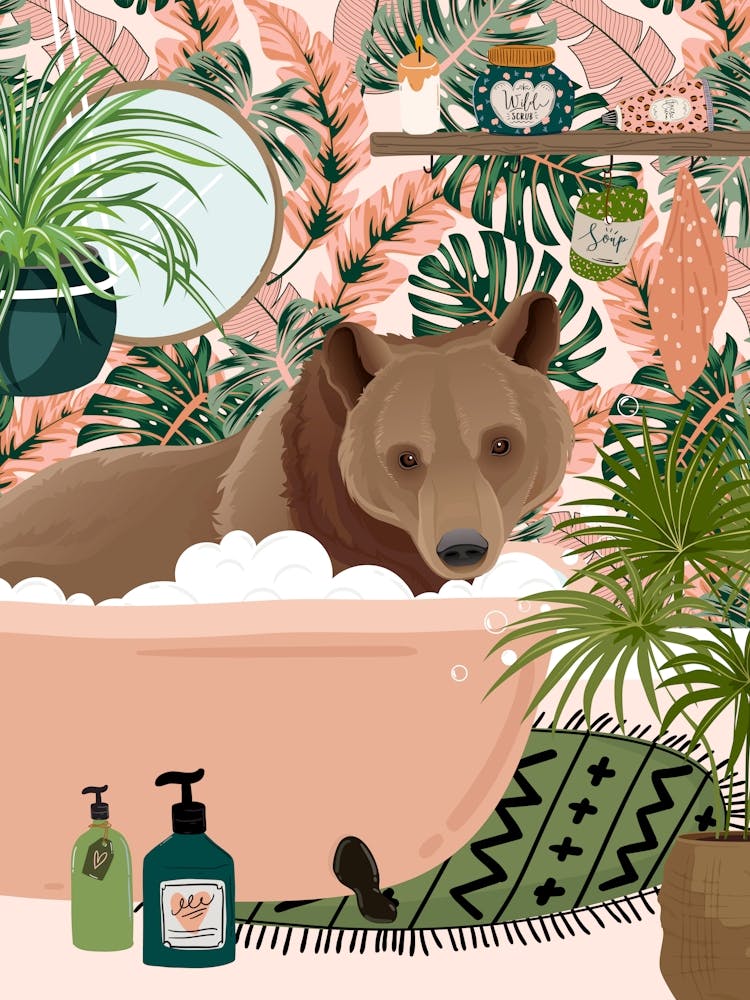 Bear In Bathtub In Botanical Bathroom
