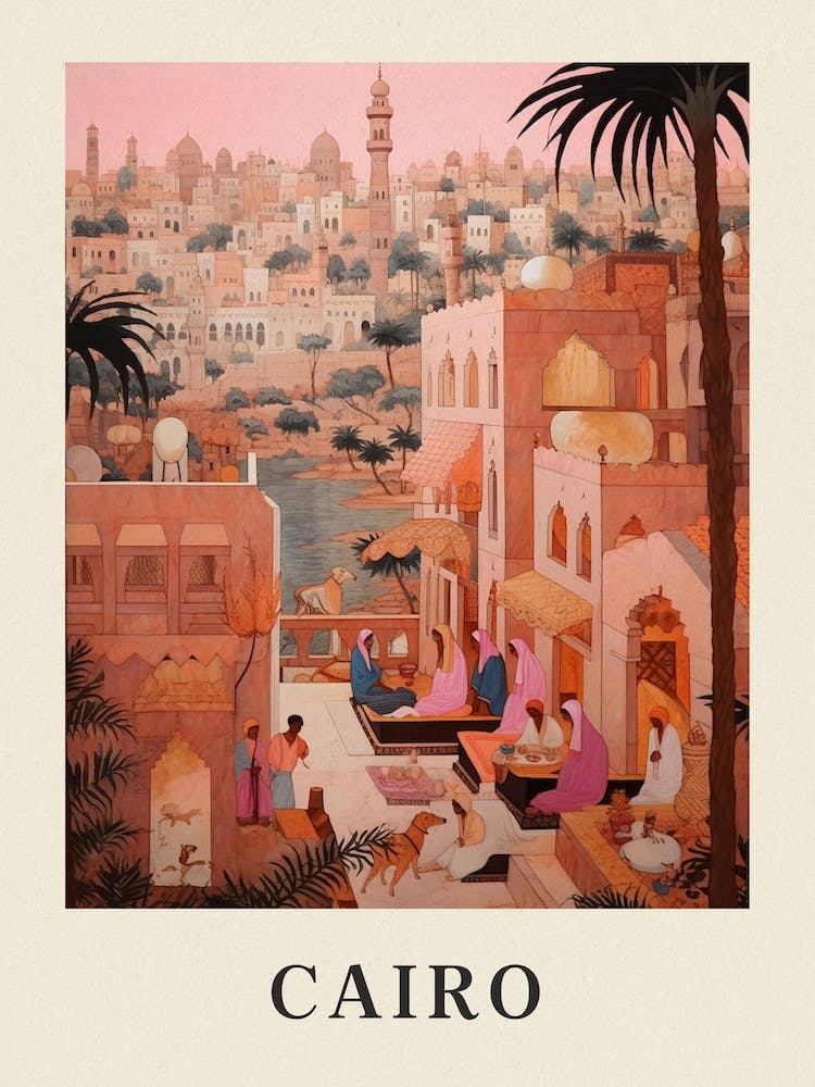 Cairo Egypt 4 Vintage Pink Travel Illustration Poster
