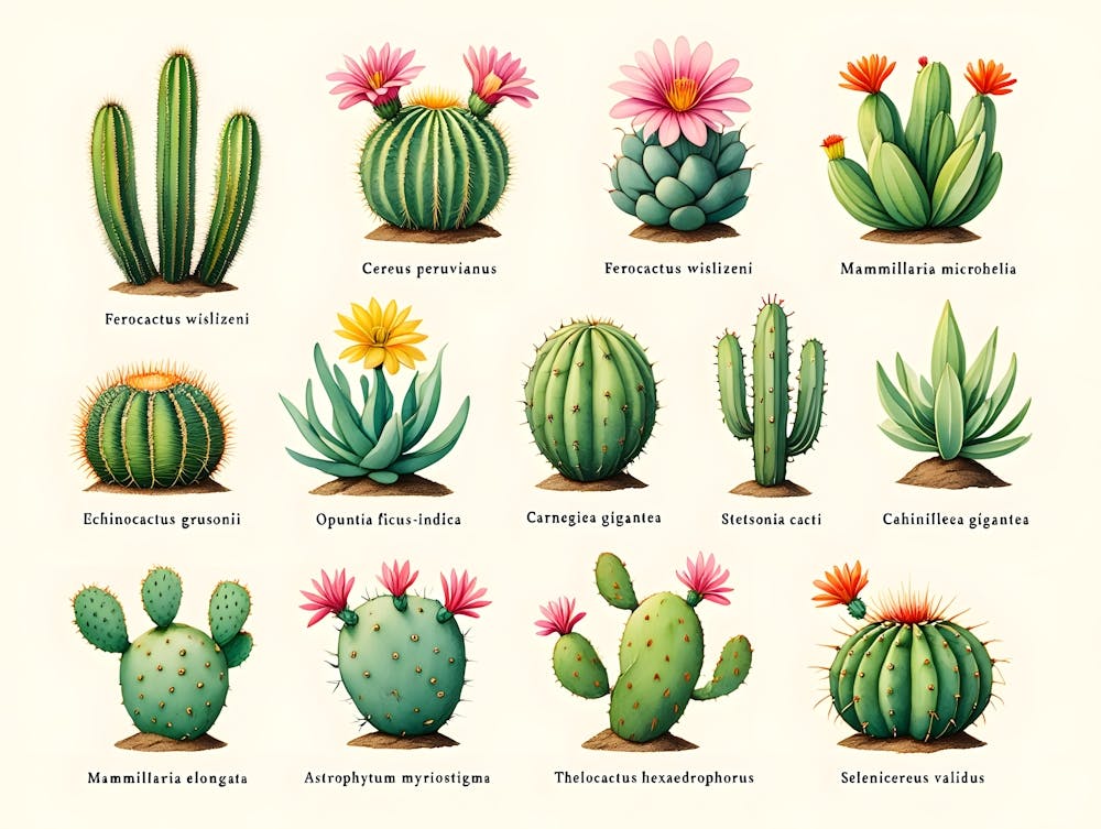 Cactus & Succulent Variety Print - Detailed Botanical