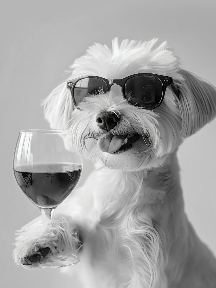 Maltese Holding Red Wine Wall Art, Black And White Print, Maltese Gift, Alcohol Print, Funny Dog Poster, Bar Cart Print, Kitchen Wall Decor